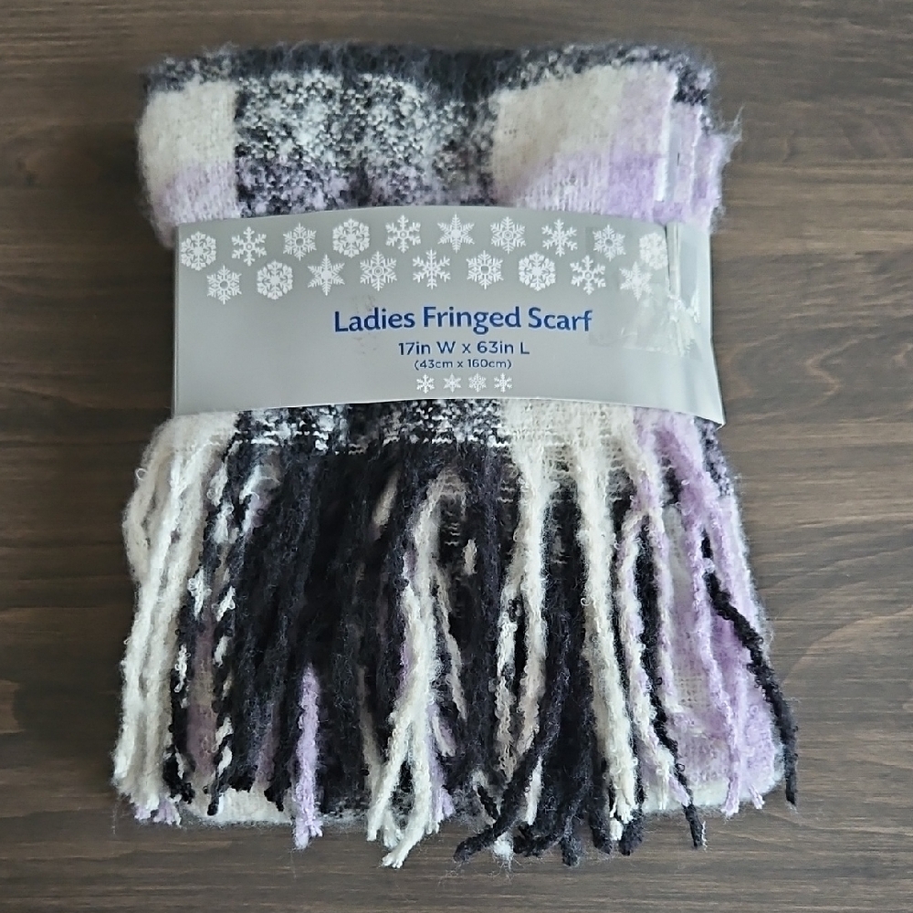 Ladies Fringed Scarf - Black, White, Lavender